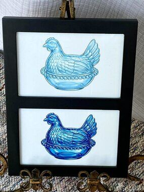 Blue Nesting Hens Print in Black Frame Country Decor Cottage Core